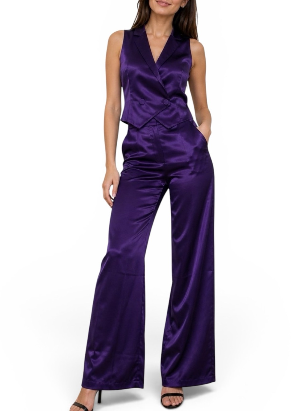 Jason Wu Deep Purple Satin Wide-Leg Pant Vest Set